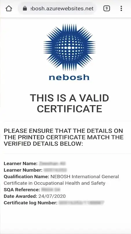 NEBOSH Certification Verification